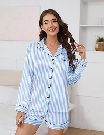 Ekouaer Satin Pajama Set for Women Button Down Pj Set Long Sleeve Top and Shorts 2 Piece Loungewear Summer Soft Sleepwear