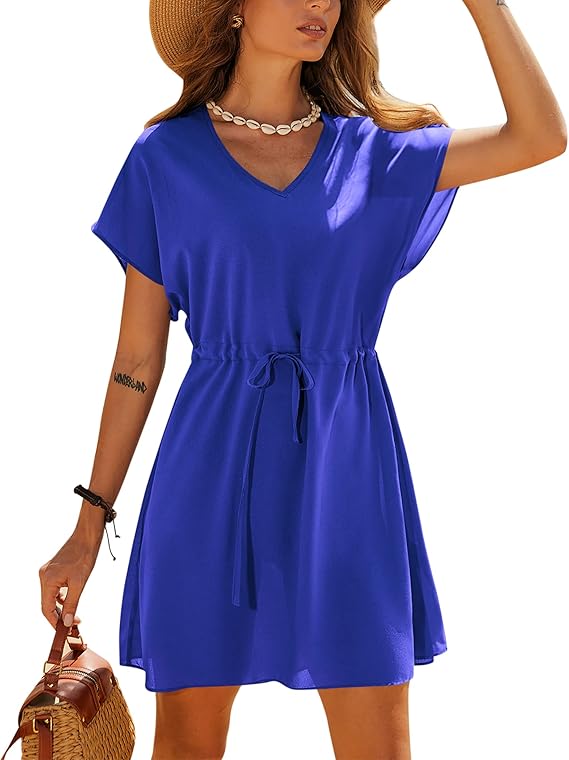 Ekouaer Women's Cover Ups Casual Swimsuit Coverups Flowy Tie Waist Beach Cover Up Dress