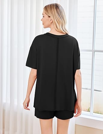 Ekouaer Women's 2 Piece Pajama Sets Short Sleeve Lounge Sets Soft Round Neck Top and Shorts Sleepwear