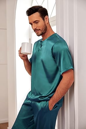 Ekouaer Mens Silk Satin Pajama Set Short Sleeve Sleepwear Silky Loungewear with Long Pants