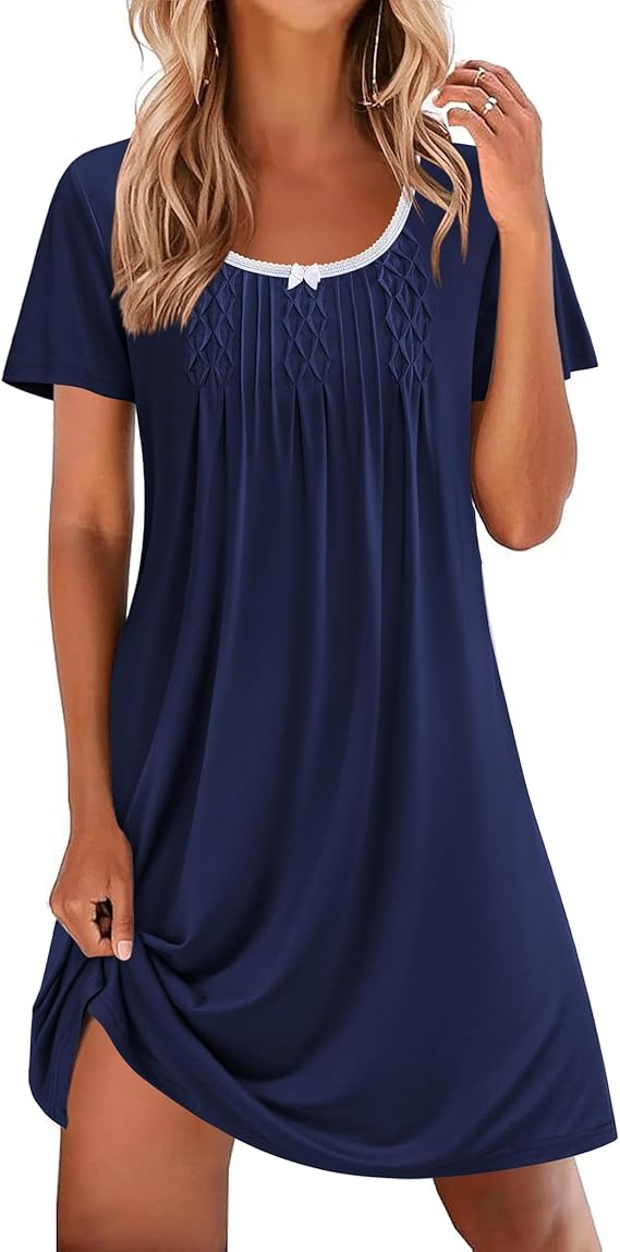 Ekouaer Nightgowns for Women Pleated Sleep Shirts Short Sleeve Night Shirts Lace Trim Night Gown Ladies Sleep Dress