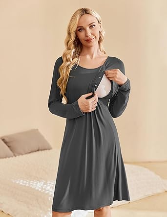 Ekouaer Women Maternity Nightgown Labor Delivery Nursing Gown Hospital Breastfeeding Dress Button Down Long Sleeve Sleepwear