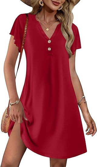 Ekouaer Women's Nightgown Short Flare Sleeve Sleepshirt V-Neck Sleepwear Soft Nightshirt Pajama Dress