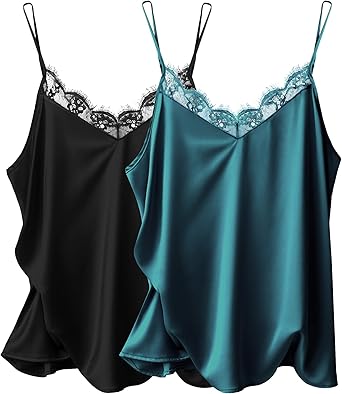 Ekouaer Women's Satin Camisole Lace Silk Satin Pajama Tank Tops V Neck Soft Spaghetti Strap Loose Sleepwear