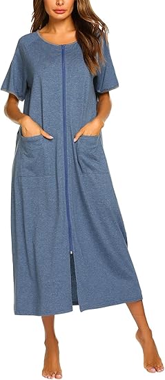 Ekouaer Women Robes Zipper Front Short Sleeve Full Length Housecoat with Pockets Loungewear