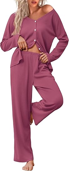 Ekouaer Womens Waffle Knit Pajamas Loungewear Two-piece Sleepwear Button-Down Pj Set with Pockets