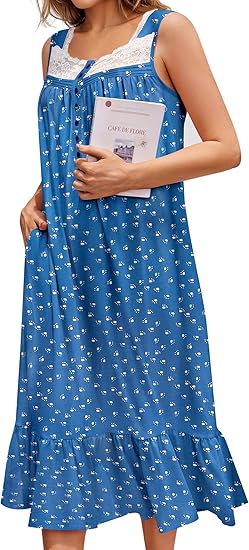 Ekouaer Nightgowns for Women Sleeveless Night Gown Victorian Sleep Shirt with Pockets Ladies Pajamas Lace Trim Sleepwear
