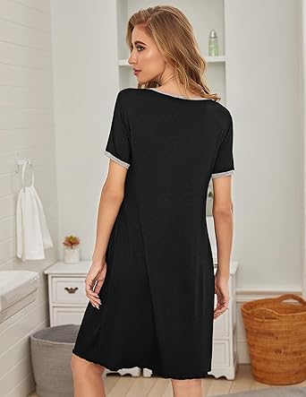 Ekouaer Women's Nightgown Short Sleeve Sleepwear Comfy Sleepshirts Pleated Scoopneck Nightshirt