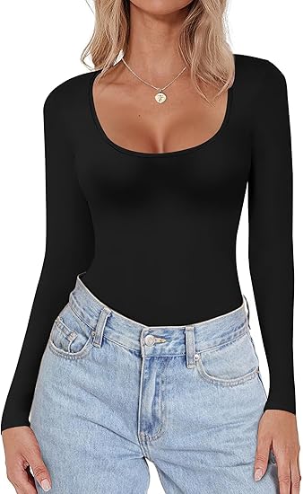 Ekouaer Women Long Sleeve Shirt Scoop Neck Tops Slim Fit Basic Top Thermal Undershirts Base Layer Tee