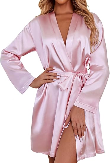 Ekouaer Women's Satin Robe Short Bridesmaid Bride Feather Bridal Robe Silky Long Sleeve Bathrobe