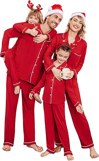 Ekouaer Christmas Family Matching Pajamas Long Sleeve Button Down Pj Set Festival Party Sleepwear Christmas Red XL