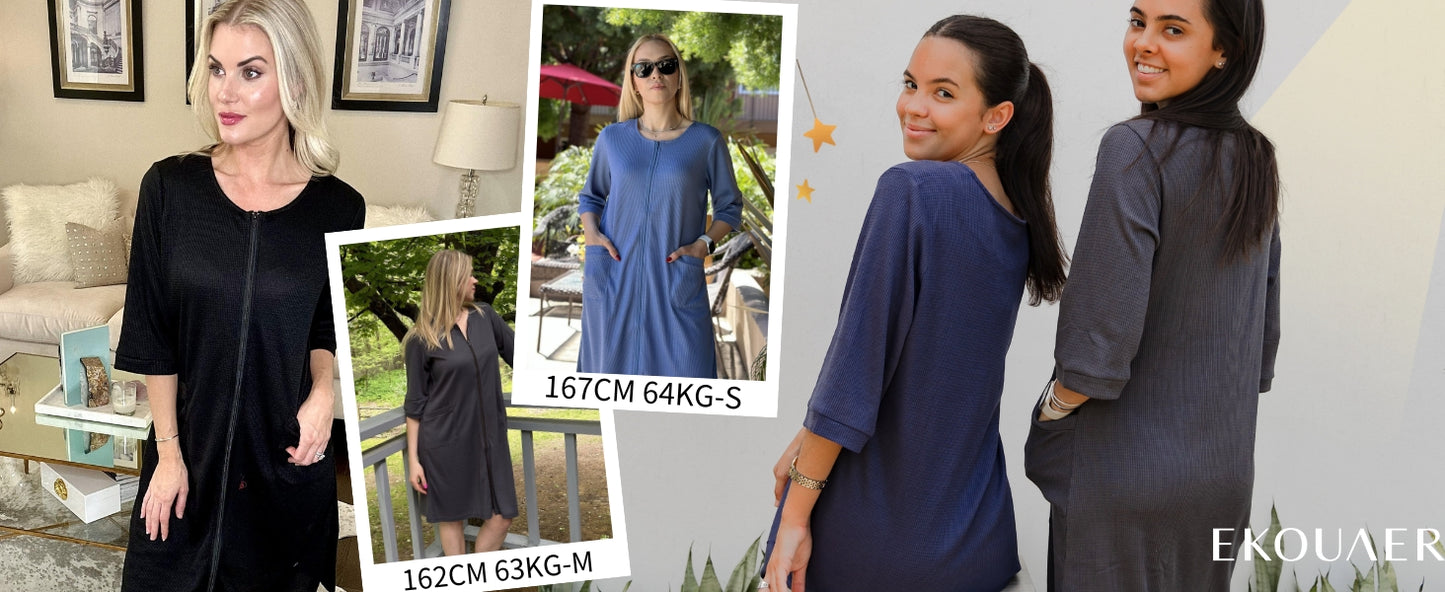 Ekouaer Zip Up Robes for Women Short Waffle Bathrobe Lightweight Knee Length Housecoat with Pockets Nightgown