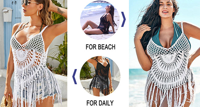 Ekouaer Beach Swimsuit Cover Up Women Crochet Bikini Coverups Summer Pool Swimwear Tassel Dress