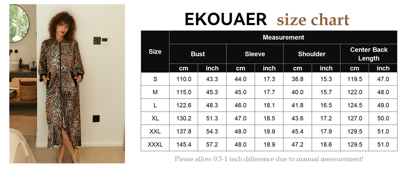 Ekouaer Robe for Women Velour Zipper Robe 3/4 Sleeves Housecoat Full Length Loungewear Long Bathrobe with Pockets