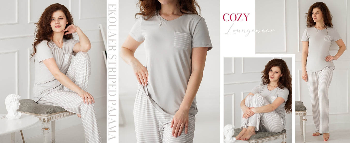Ekouaer Pajama Sets for Women 2 Piece Short Sleeve Pj Sets With Long Printed Pants Sleepwear Casual Lounge Sets