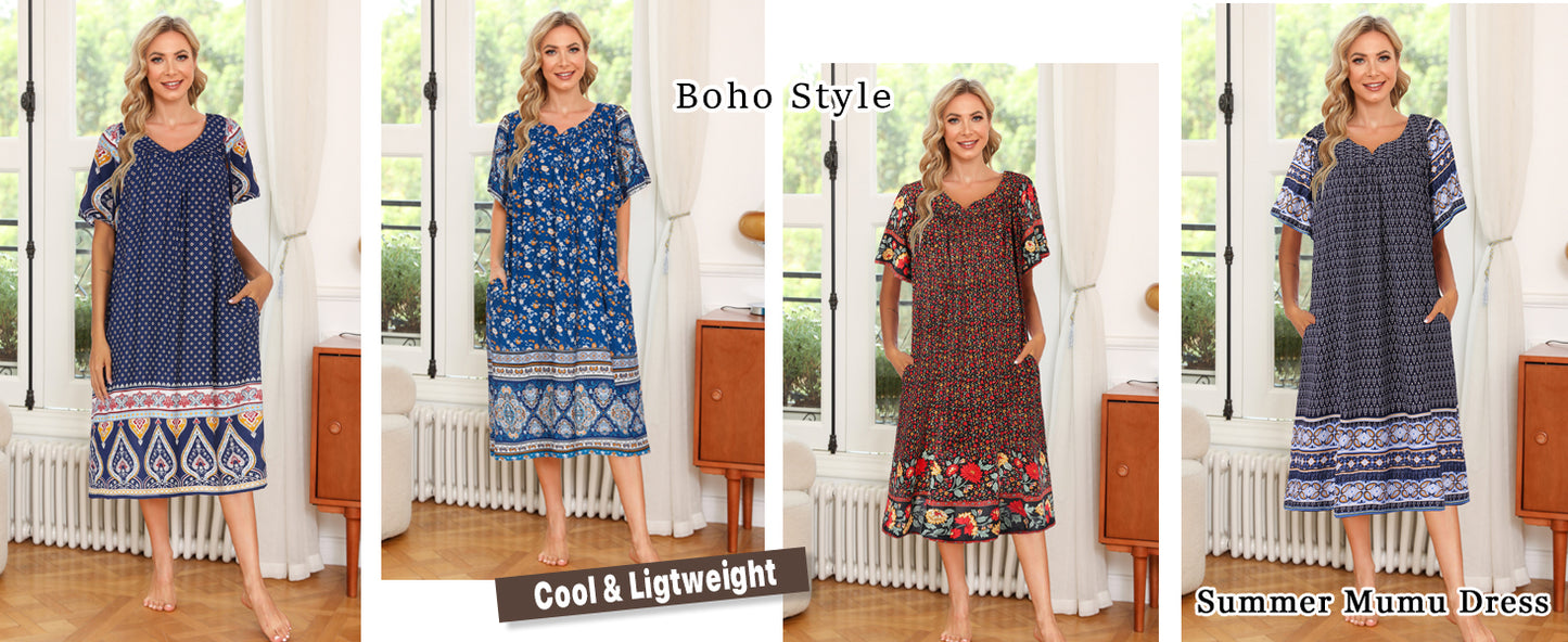Ekouaer Womens Nightgown Short Sleeve House Dress with Pockets-Floral Print Mumu Dress