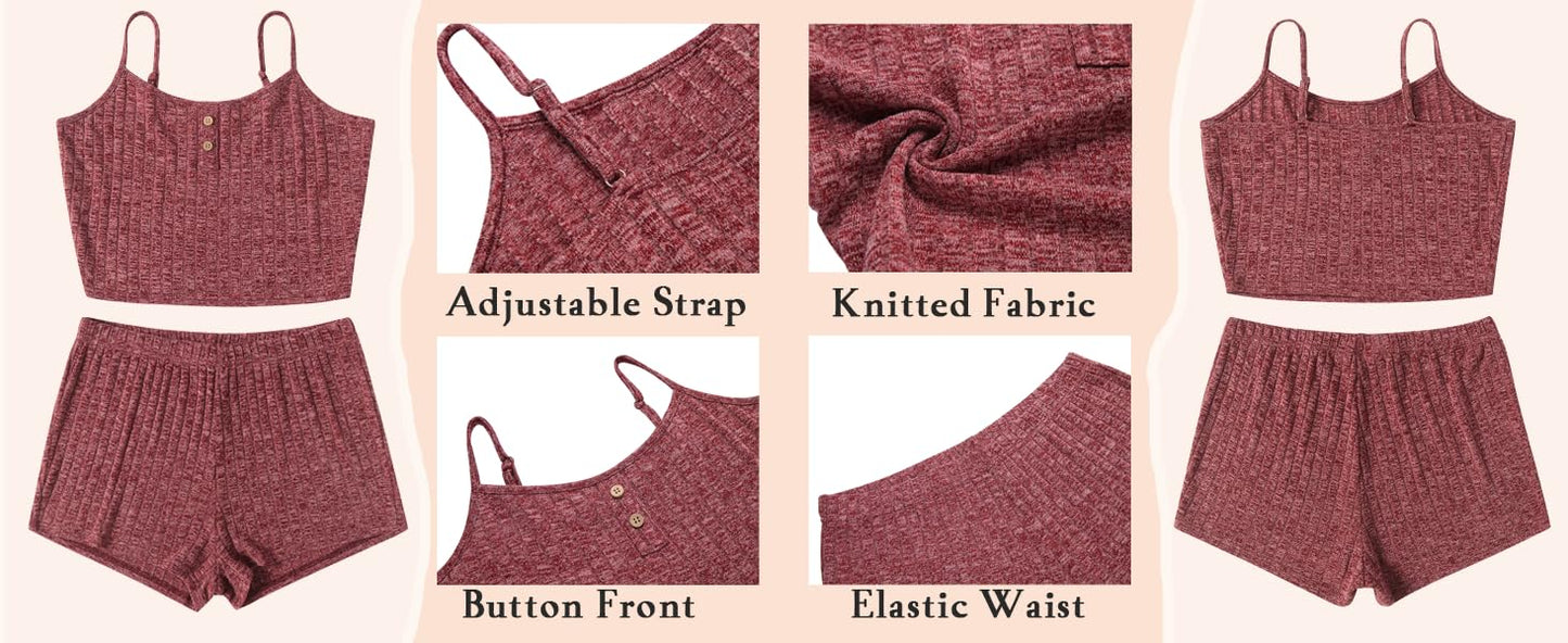 Ekouaer 3 Sets for Women Ribbed Pajamas Crop Cami Top and Shorts Pjs Casual Sleeveless Button Lounge Set Sleepwear