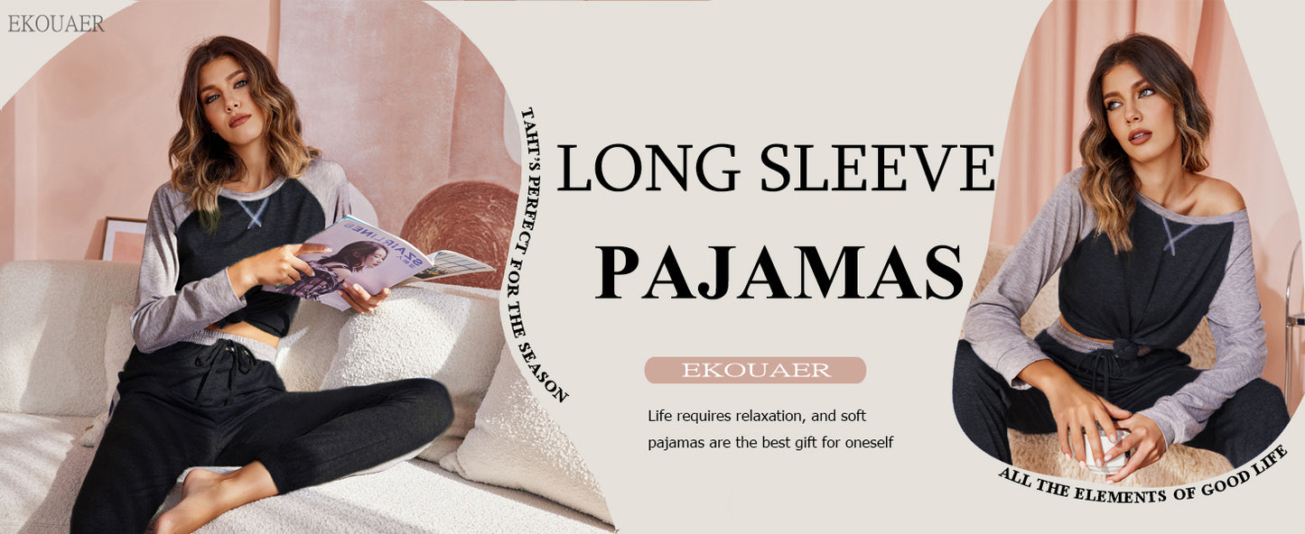 Ekouaer Women's Pajama Set Long Sleeve PJs 2 Piece Lounge Set Pullover Sleepwear Sweatshirt and Long Pants With Pockets