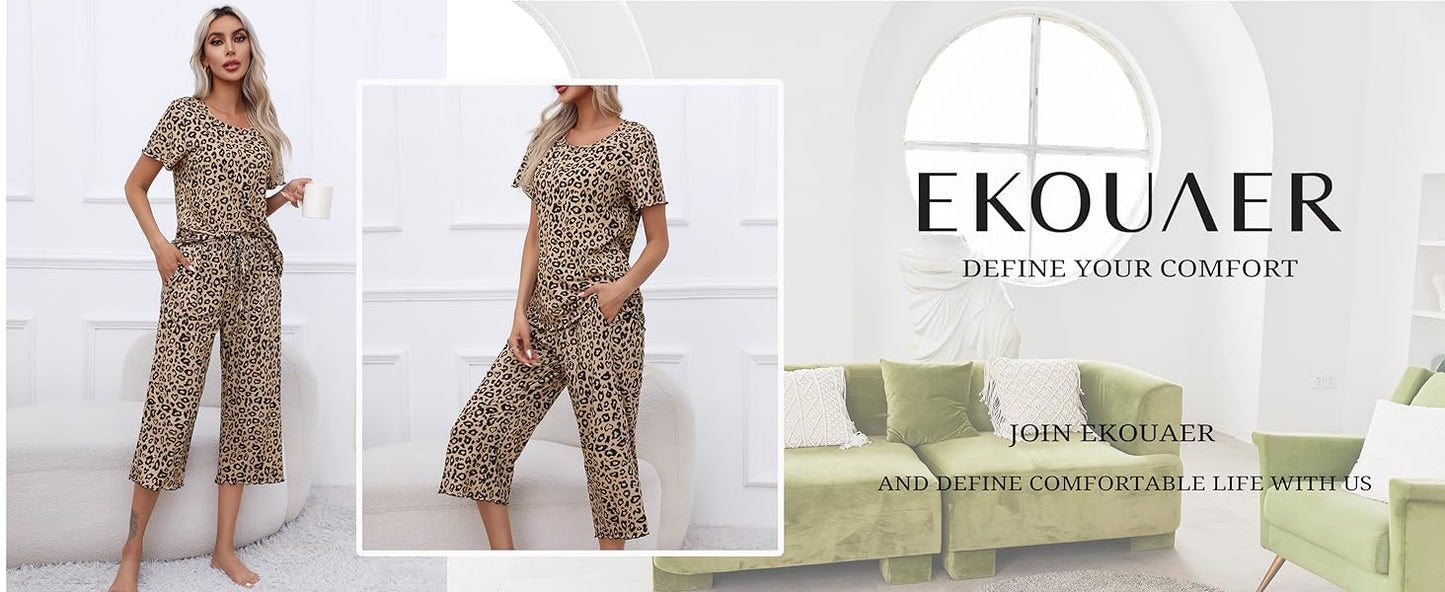 Ekouaer Capri Pajamas for Women Soft Pjs Set Short Sleeve Tee Top Loungewear Soft 2 Piece Sleepwear