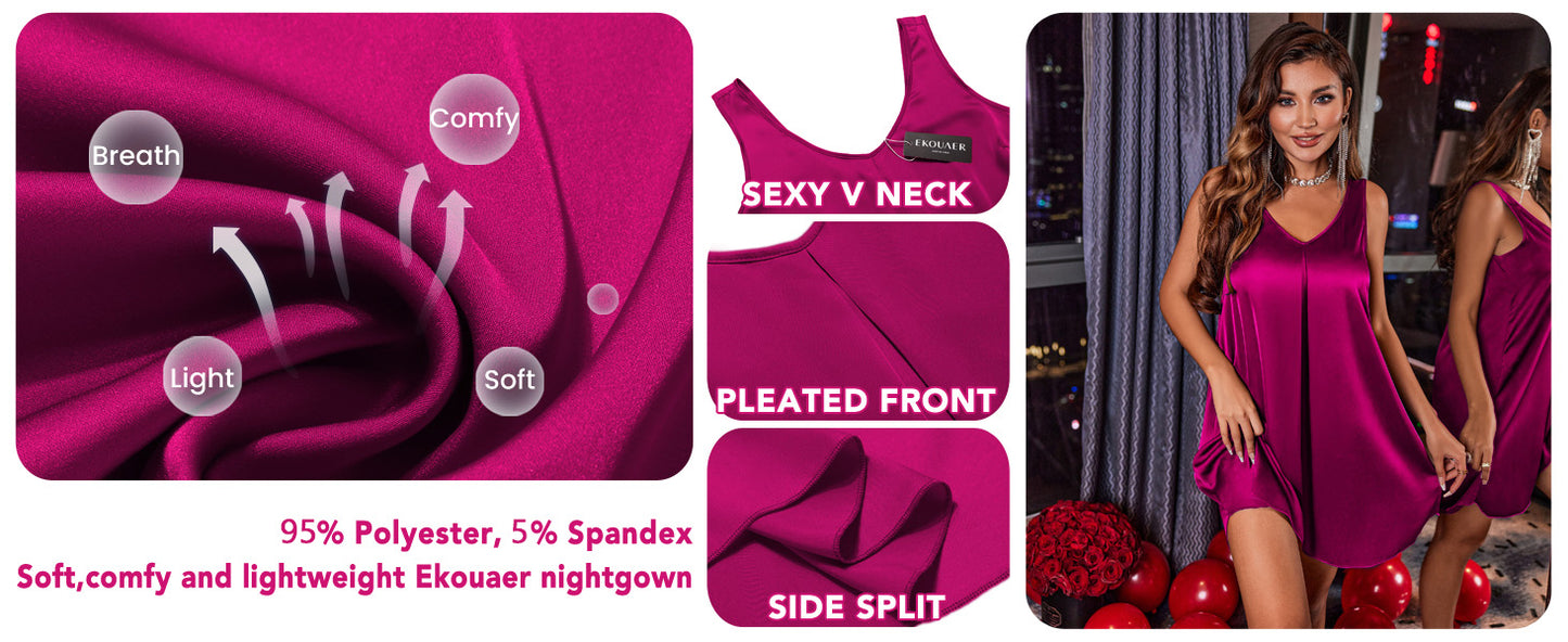 Ekouaer Women's Sleeveless V Neck Satin Nightgown Navy Blue M