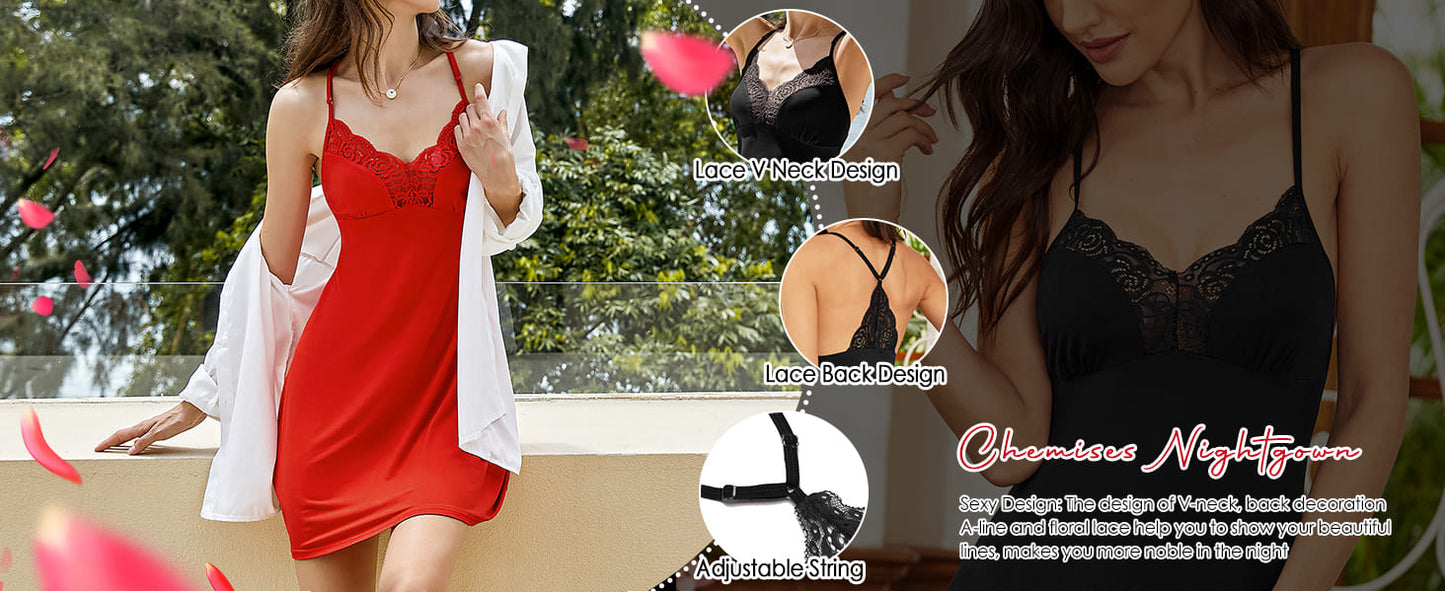 Ekouaer Women's Nightgown V Neck Sleeveless Sleepwear Lace Sleep Dress Navy Blue S