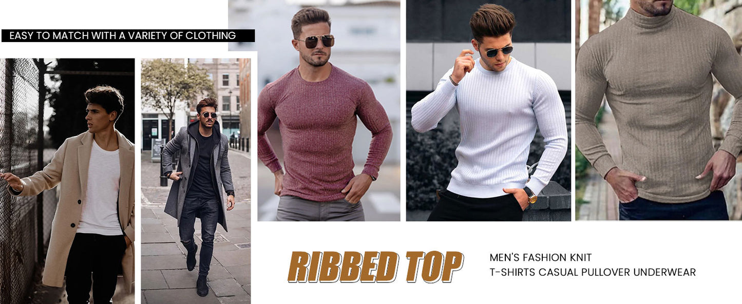 Ekouaer Men's Long Sleeve Shirts Ribbed Pullover Tees Sim Fit Thermal Tops Crew Neck Stretchy Undershirts