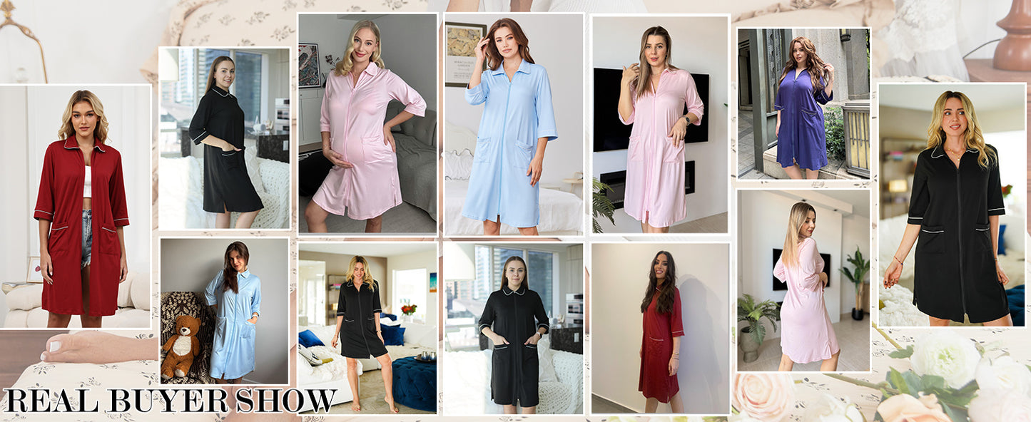 Ekouaer Zipper Robes for Women 3/4 Sleeve Housecoats Knee Length Bathrobe Lightweight Nightgown with Pockets