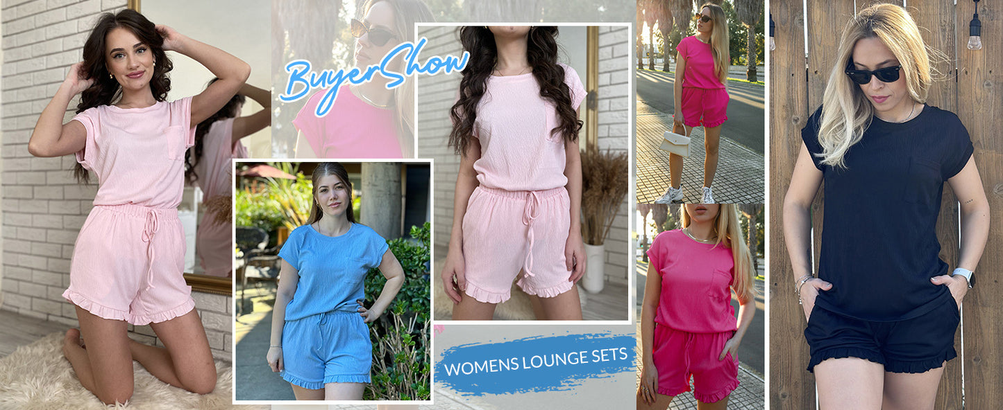 Ekouaer Womens Pajama Set Cap Sleeve Tops and Ruffle Shorts Lounge Set 2 Piece Pj Sets Casual Sleepwear with Pockets