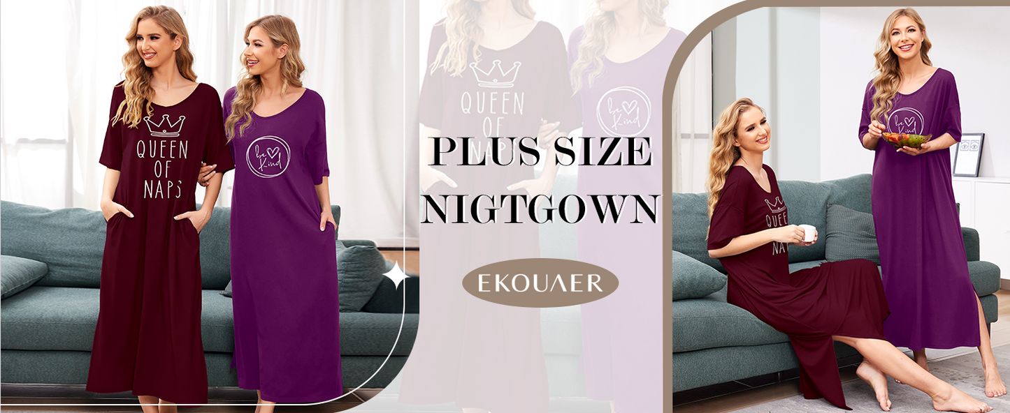 Ekouaer Long Nightgown for Women Short Sleeve Sleepwear Plus Size Loungewear with Pockets