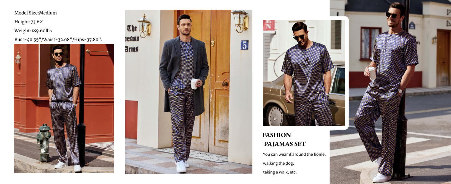 Ekouaer Mens Silk Satin Pajama Set Short Sleeve Sleepwear Silky Loungewear with Long Pants