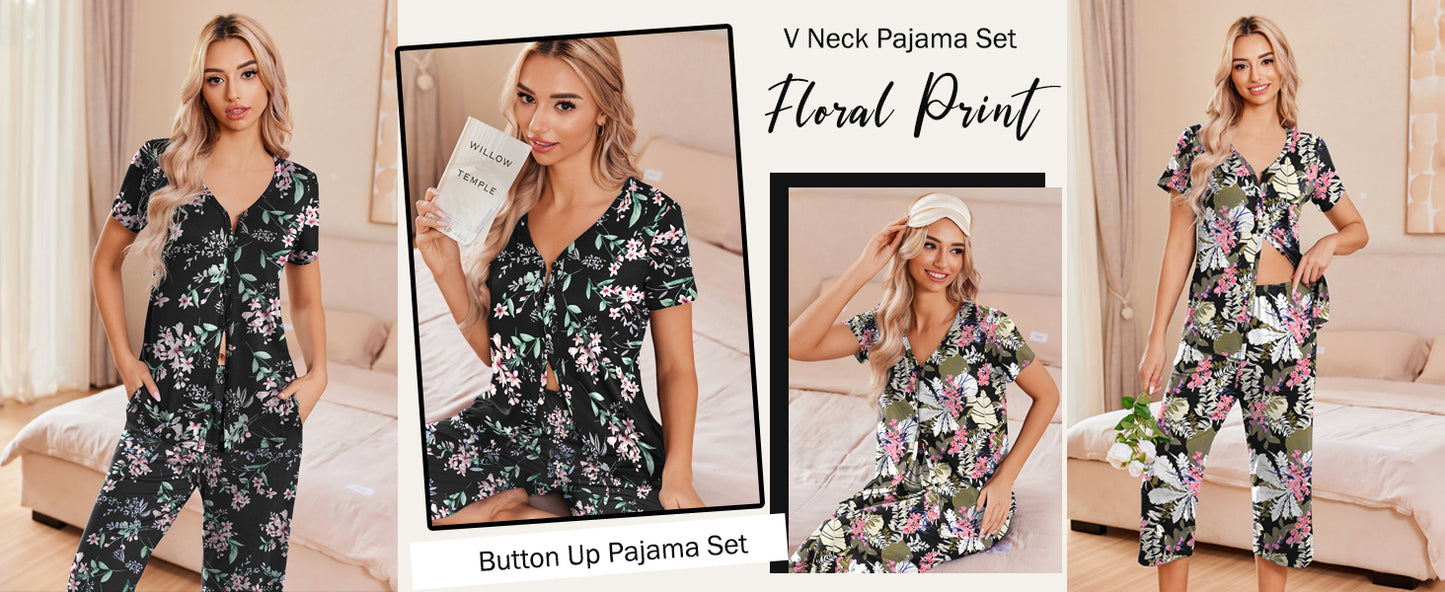 Ekouaer Women's Pajama Sets Short Sleeve Sleepwear Button Up Pj Loungewear Top and Capri Pants with Pockets