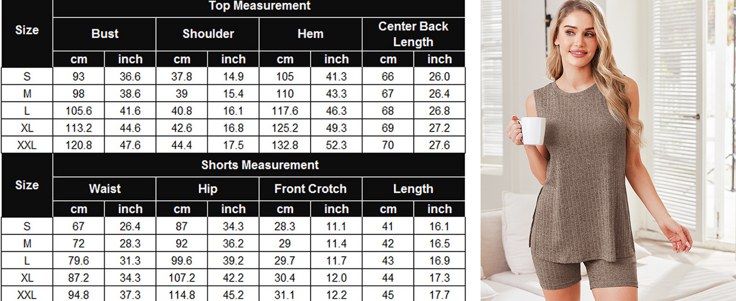 Ekouaer Womens 2 Piece Lounge Set Ribbed Knit Pajamas Sleeveless Sleepwear Biker Shorts Loungewear Outfit