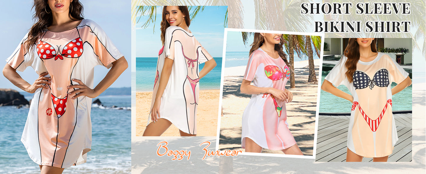Ekouaer Womens Bikini Shirt Cover Up Short Sleeve Funny Bikini Print Cover-Up 2 Pack Cute Baggy Shirt Dress Rosa+Rojo M