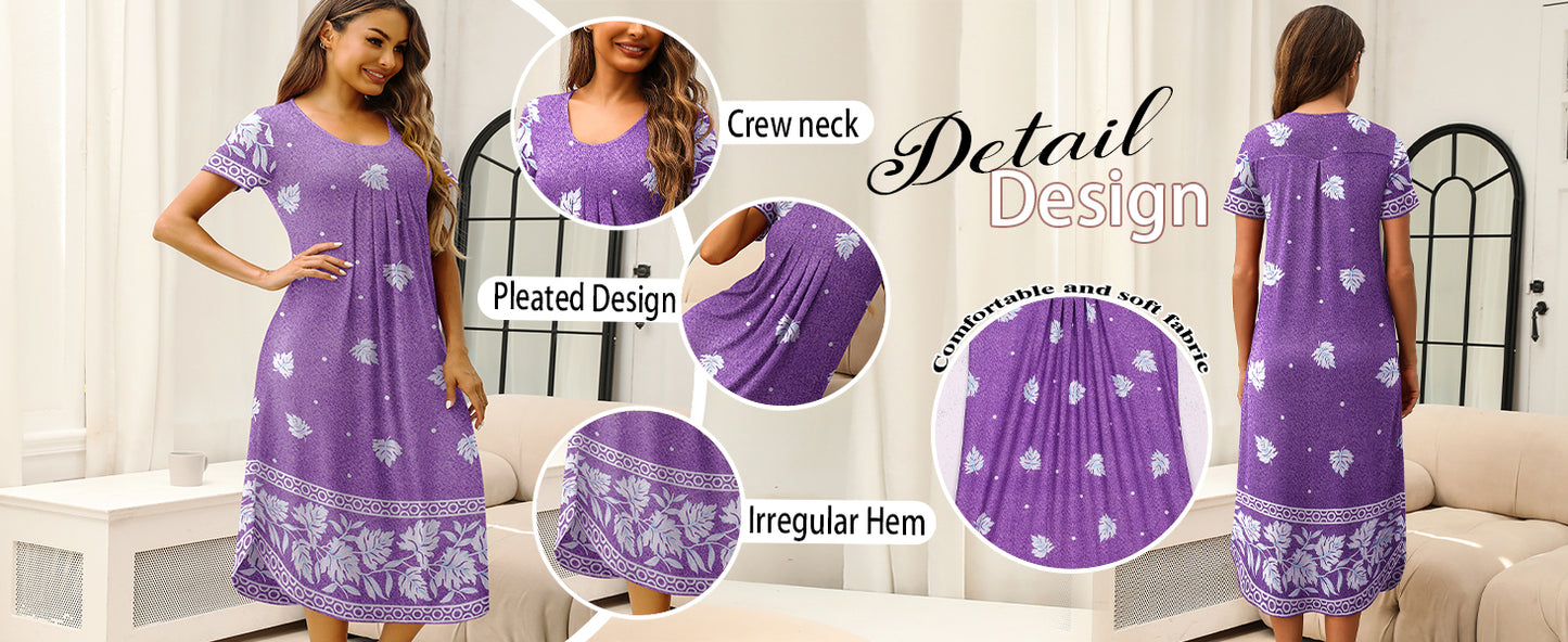 Ekouaer Long Nightgowns for Women House Dress Plus Size Sleepwear Pleated Full Length Loungwear