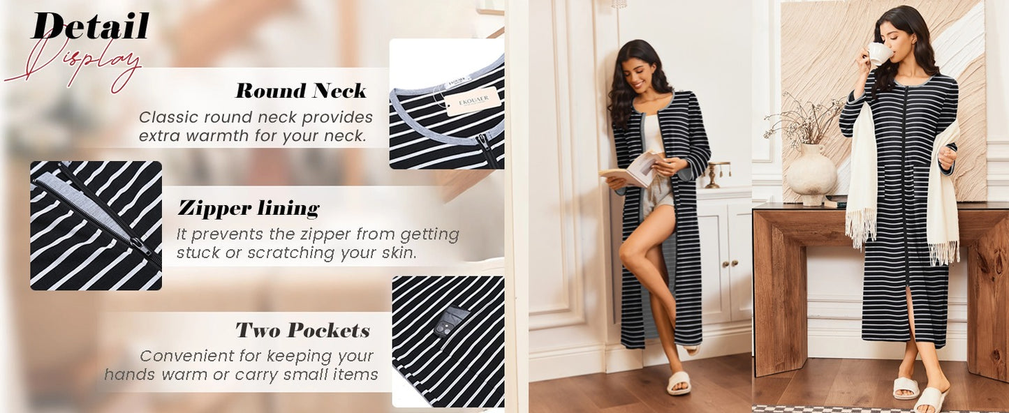 Ekouaer Women Long House Coat Zipper Front Robes Full Length Nightgowns with Pockets Striped Loungewear