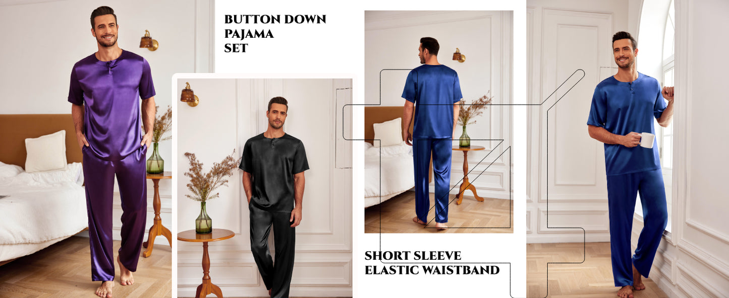 Ekouaer Mens Silk Satin Pajama Set Short Sleeve Sleepwear Silky Loungewear with Long Pants