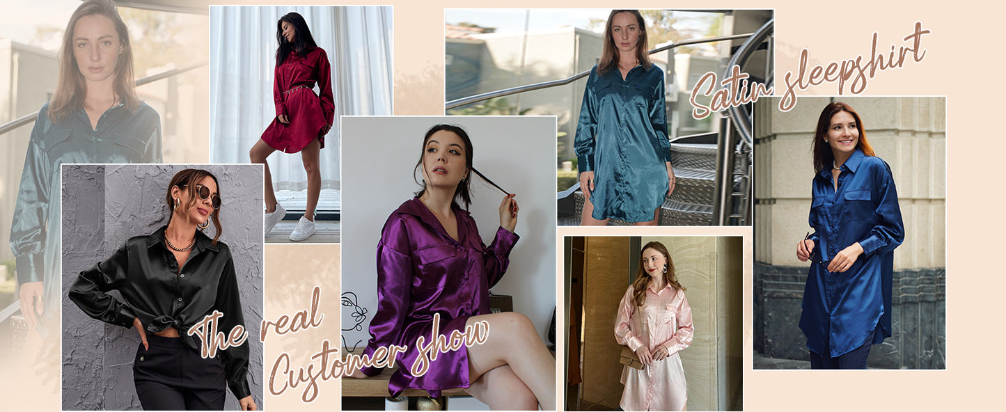 Ekouaer Women Satin Sleep Shirt Long Sleeve Nightgown Button Down Nightshirt Silk Sleepwear Soft Pajama Dress Sleep Dress