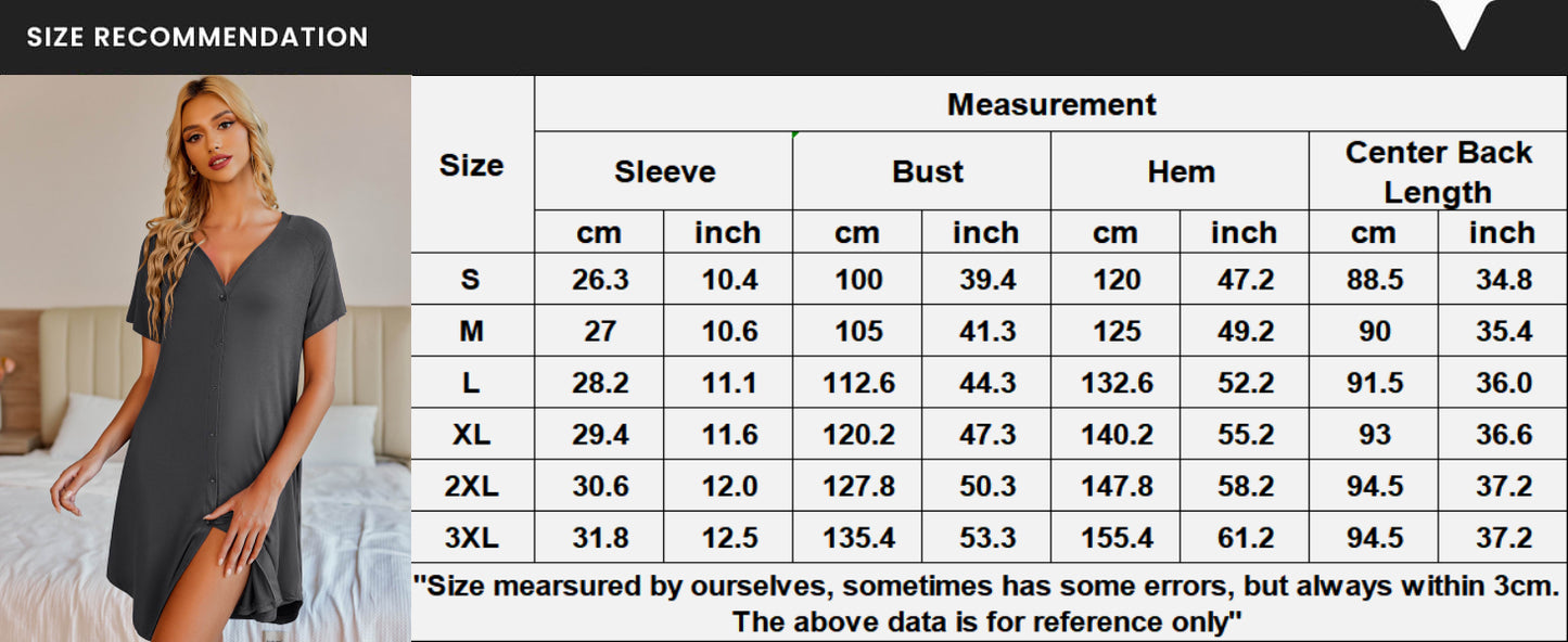 Ekouaer Women's Button Down Nightgown Short Sleeve Sleepshirt V Neck Night Shirt Soft Pajamas Dress with Pockets Black