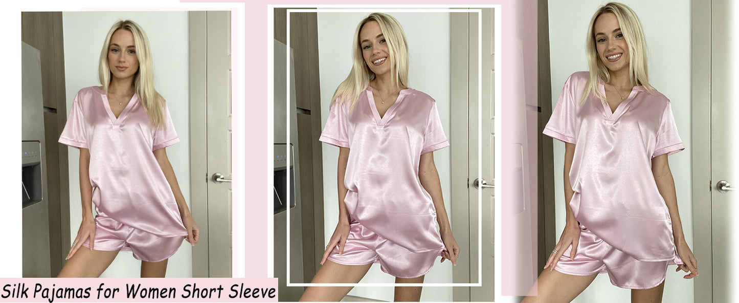 Ekouaer Silk Pajamas for Women Short Sleeve Satin Sleepwear Two-piece Pjs Set Soft V Neck Loungewear
