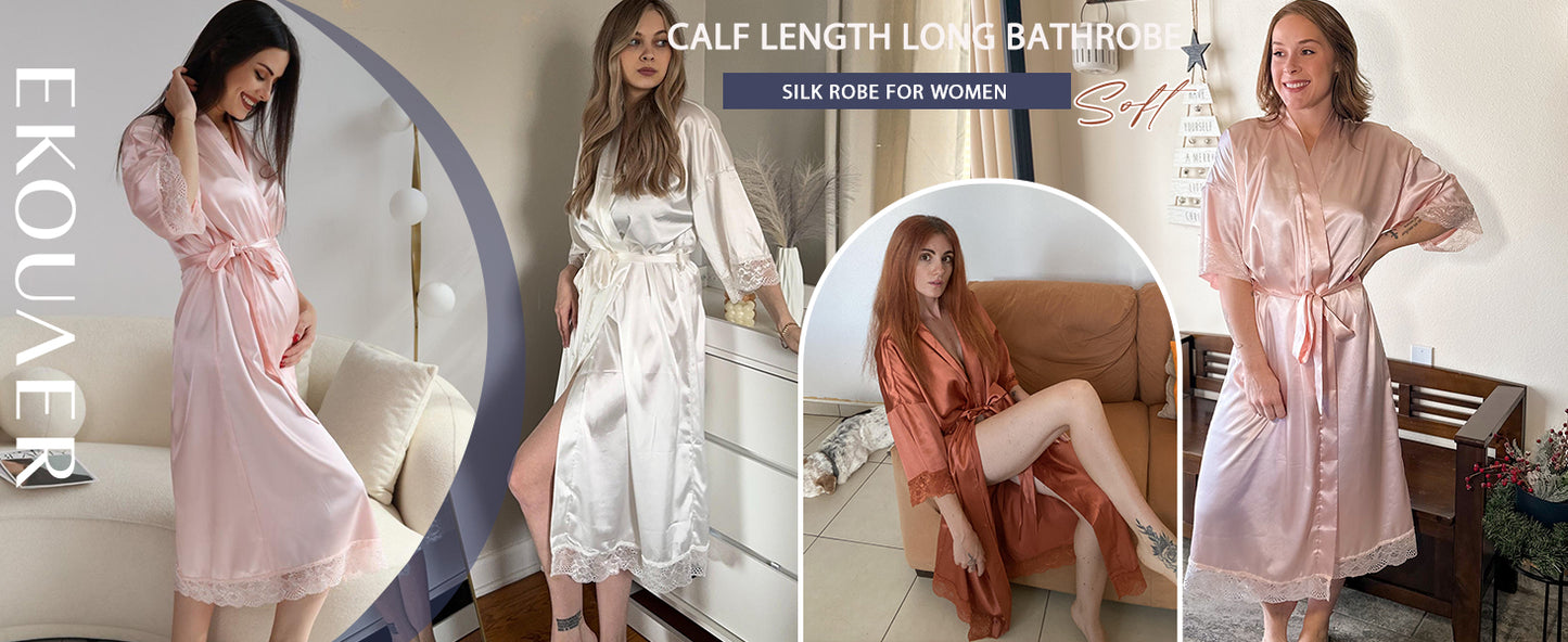 Ekouaer Women's Satin Robe Silk Bathrobe for Bride Long Bridesmaids Wedding Party Loungewear Sleepwear