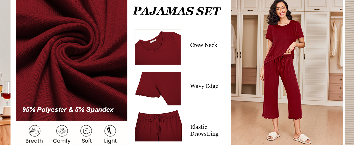 Ekouaer 2 Pack: Women's Pajamas Set Short Sleeve Sleepwear Capri Pants Pjs Soft Loungewear with Pockets