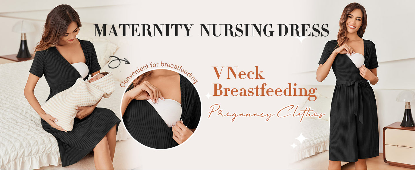Ekouaer Women Short Sleeve Maternity Nursing Dress Casual V Neck Breastfeeding Loungewear Ribbed Knit Pregnancy Dresses