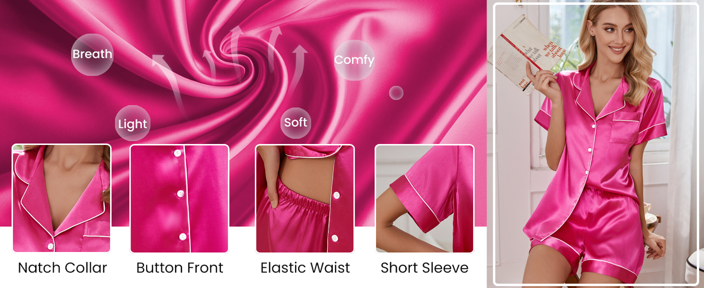 Ekouaer 2 Pack Pajama Sets for Women Silk Satin Pj Short Sleeve Button Down Sleepwear Top and Shorts Summer Lounge Set