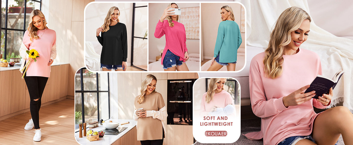 Ekouaer Womens 3 Packs Maternity Shirts Long Sleeve Side Ruched Pregnancy Tee Workout Top Tunic Blouse Mama Clothes