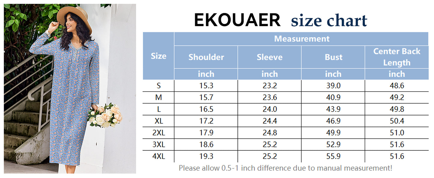 Ekouaer Women's Long Sleeve Nightgown Full Length Sleepwear Long Sleepshirts Henley Sleep Dress