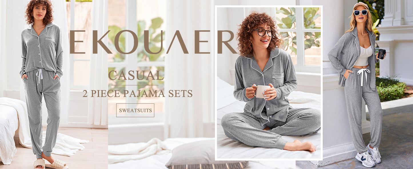 Ekouaer Pajamas Set Long Sleeve Sleepwear Womens Button Down Nightwear Soft Pj Loungewear with Pockets