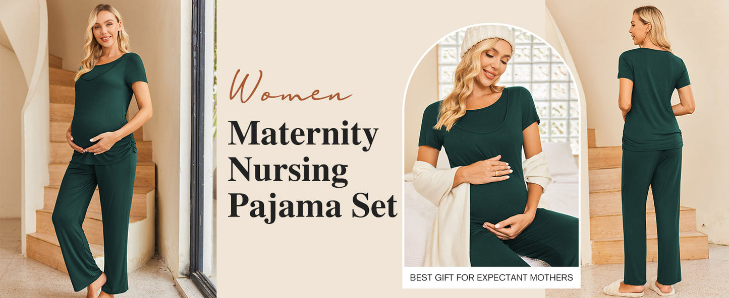 Ekouaer Women Maternity Nursing Pajama Set Breastfeeding Sleepwear Set Short Sleeve Top & Pants Postpartum Pajamas