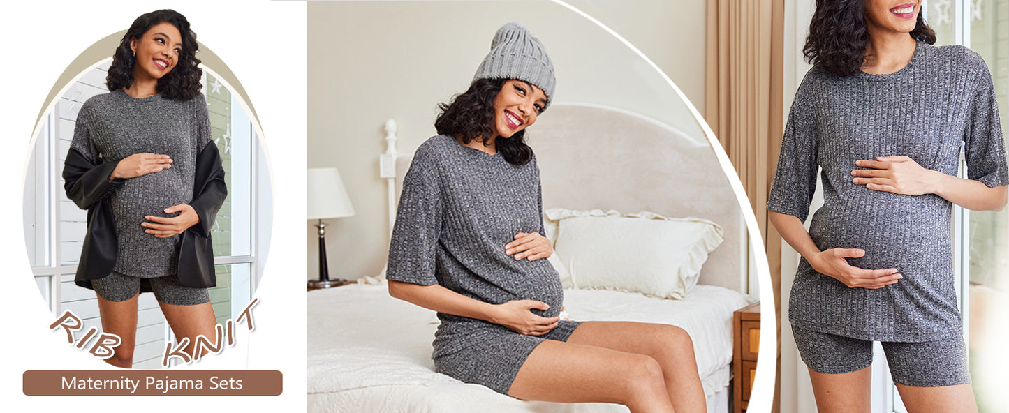 Ekouaer Pajamas 2 Piece Lounge Sets Ribbed Knit Matching Outfits T-shirt Biker Shorts Sleepwear Loungewear Sweatsuits