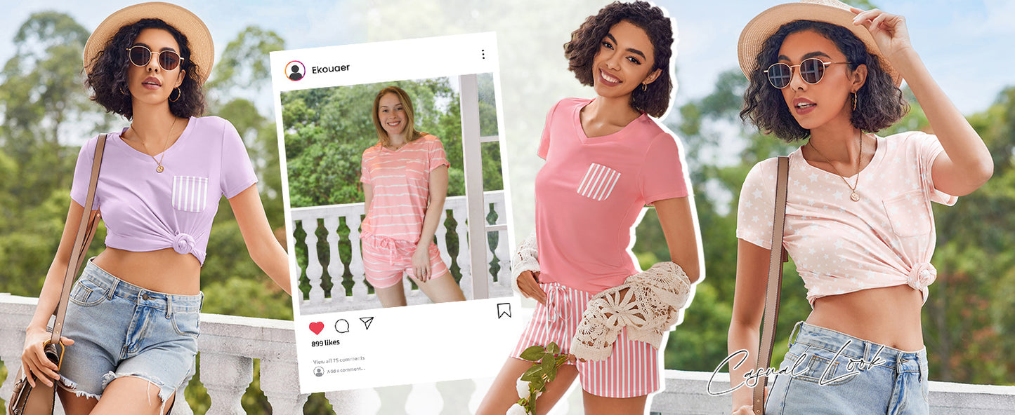 Ekouaer Womens Pajama Sets Short Sleeve Pajamas for Women Sets Soft Lounge Sets Casual V Neck Sleepwear PJS