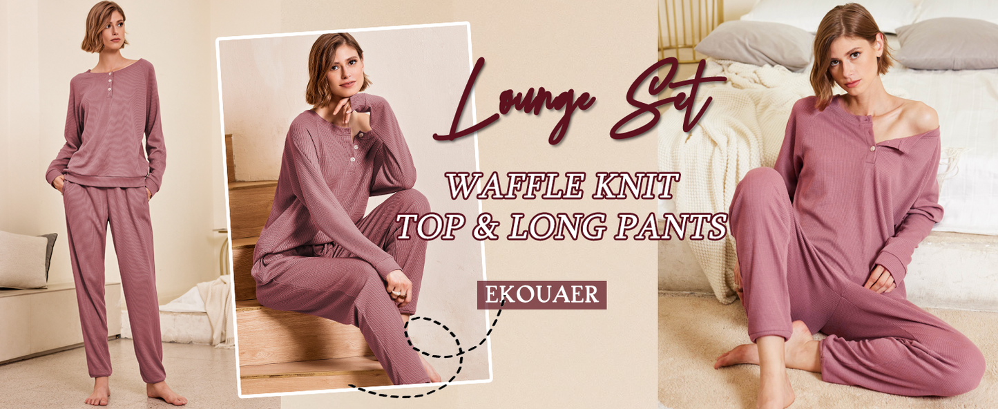 Ekouaer Pajamas Women's Waffle Knit Sleepwear Long Sleeve Top with Pants Casual Pjs Loungewear